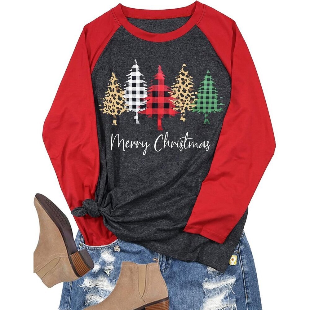 Plus Size Christmas T Shirt Women Xmas Leopard Plaid Trees Print Tees Casual Hol - Picture 2 of 4